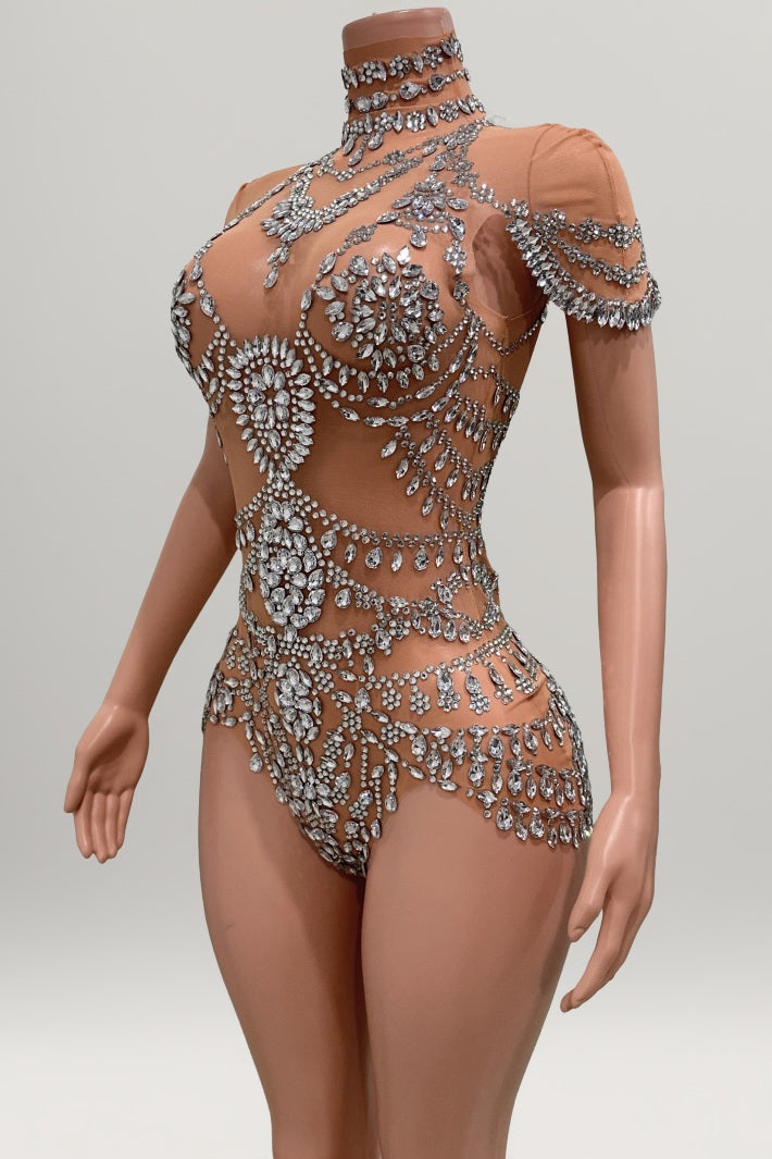 Sheer Rhinestone Embellished Motif Bodysuit