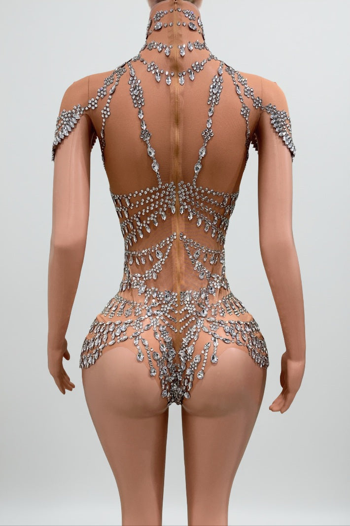 Sheer Rhinestone Embellished Motif Bodysuit