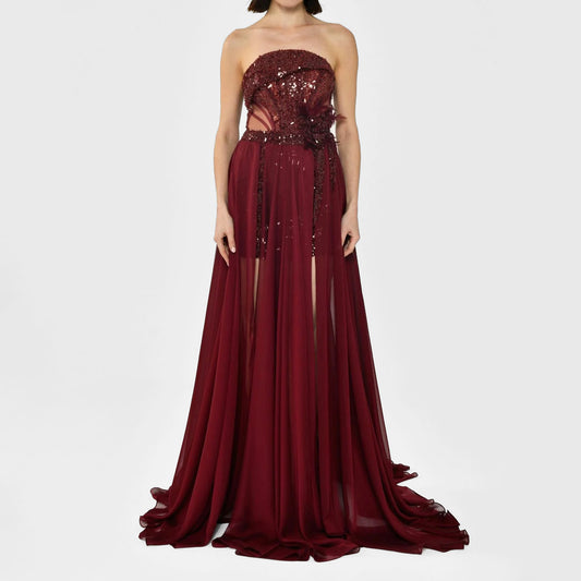 Emma Strapless A-Line Sequin Feather Embellished Evening Dress