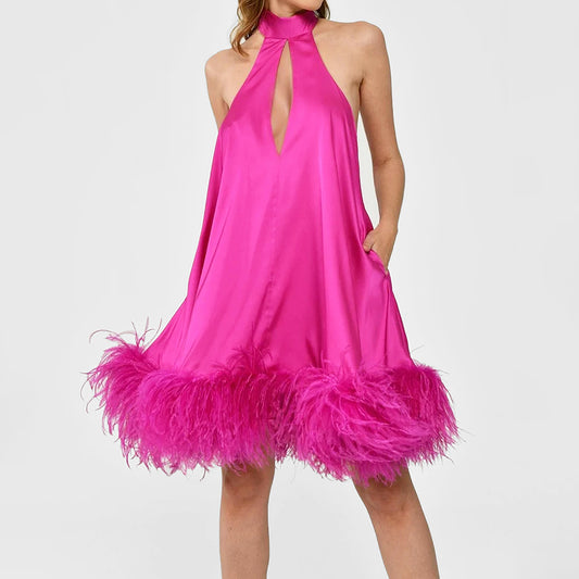 Sienna Halter Cutout Satin Feather Dress