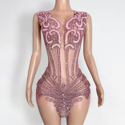 Jade Pink Beaded Rhinestone Mini Dress