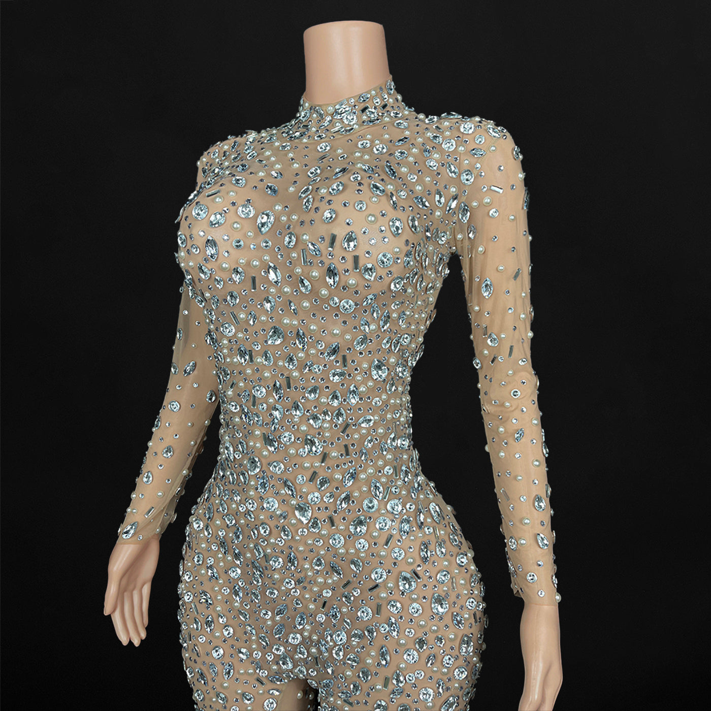 Rhinestone Pearl Embellished Sheer Bodycon Jumpsuit BOUGIE GLITTER Rhinestone Pearl Embellished Sheer Bodycon Jumpsuit BOUGIE GLITTER