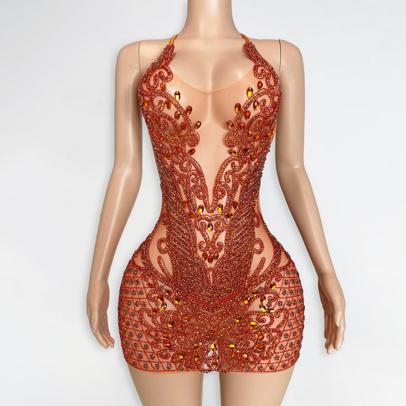 Rhinestone Fringe Cutout Spaghetti Strap Dress