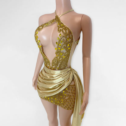 Ayla Draped Rhinestone Embellished Mini Dress