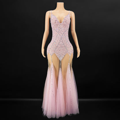 Pink Rhinestone and Tulle Floor Length Dress