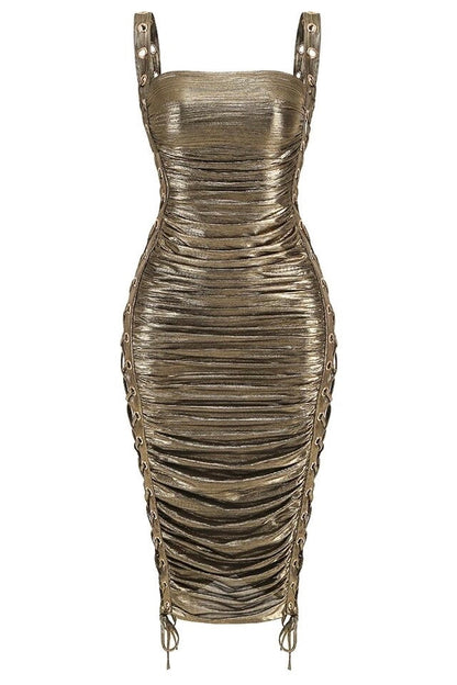 Jessica Gold Pleated Tie Up Rivet Bodycon Dress