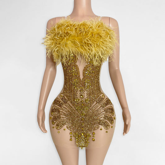 Juliana Rhinestone Beaded Feather Top Mini Dress