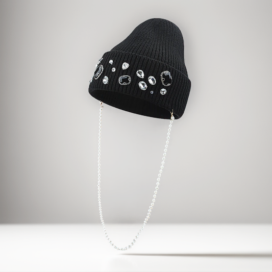 Knit Faux Pearl Rhinestone Winter Hat