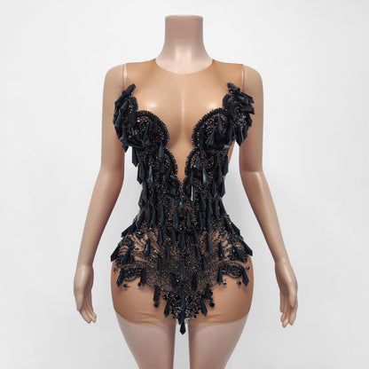 Cristal Sheer Beaded Rhinestone Crystal Embellished Mini Dress