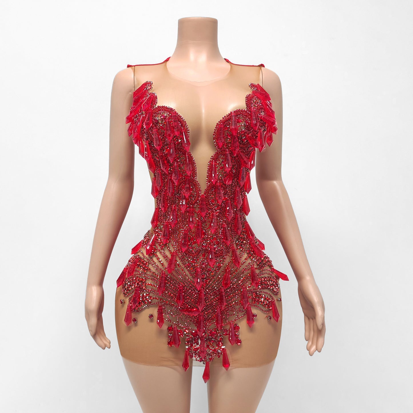 Cristal Sheer Beaded Rhinestone Crystal Embellished Mini Dress