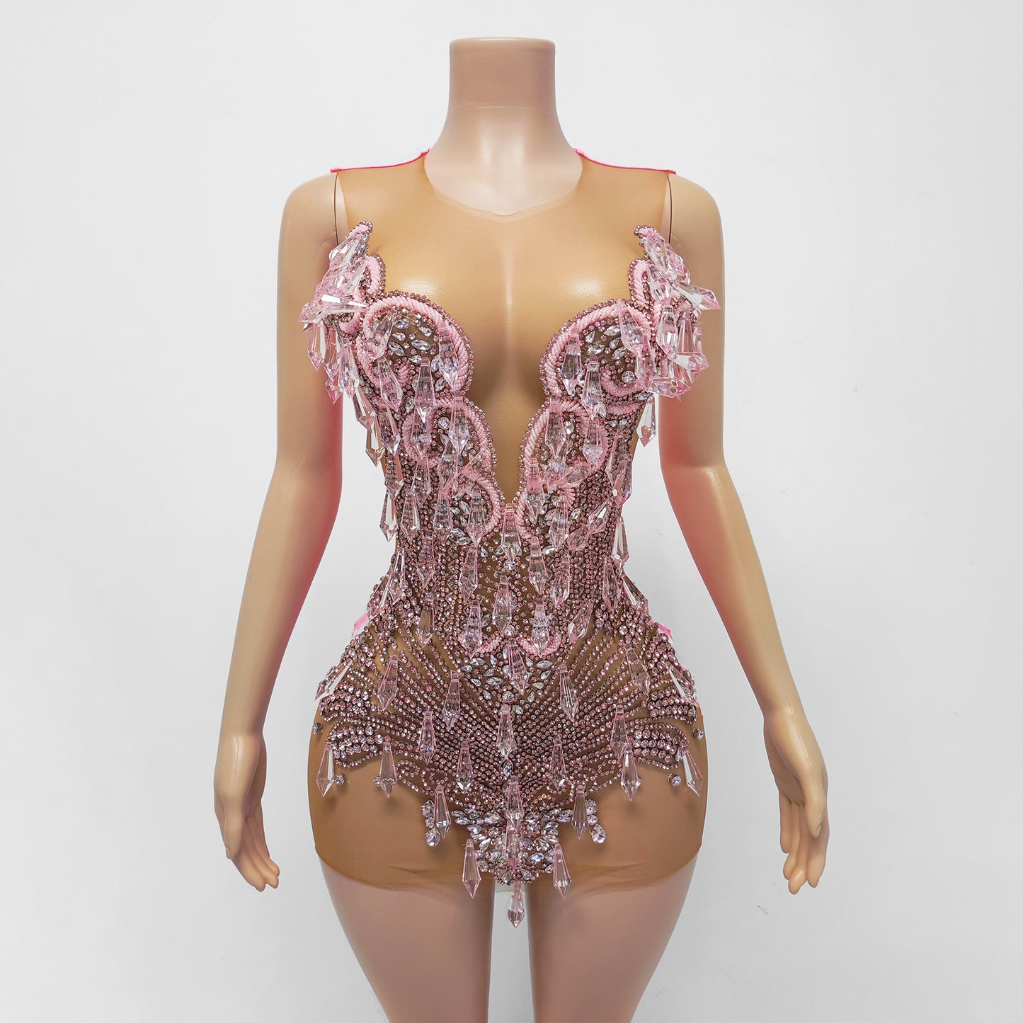 Cristal Sheer Beaded Rhinestone Crystal Embellished Mini Dress