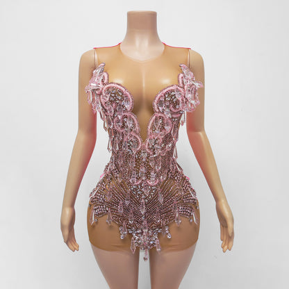 Cristal Sheer Beaded Rhinestone Crystal Embellished Mini Dress