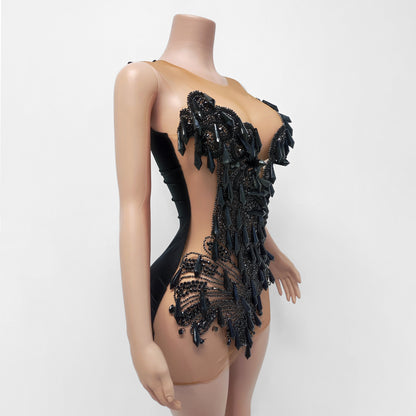 Cristal Sheer Beaded Rhinestone Crystal Embellished Mini Dress