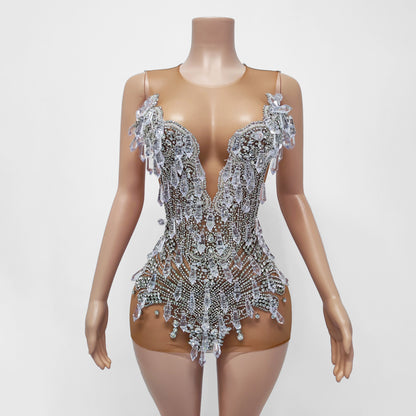 Cristal Sheer Beaded Rhinestone Crystal Embellished Mini Dress