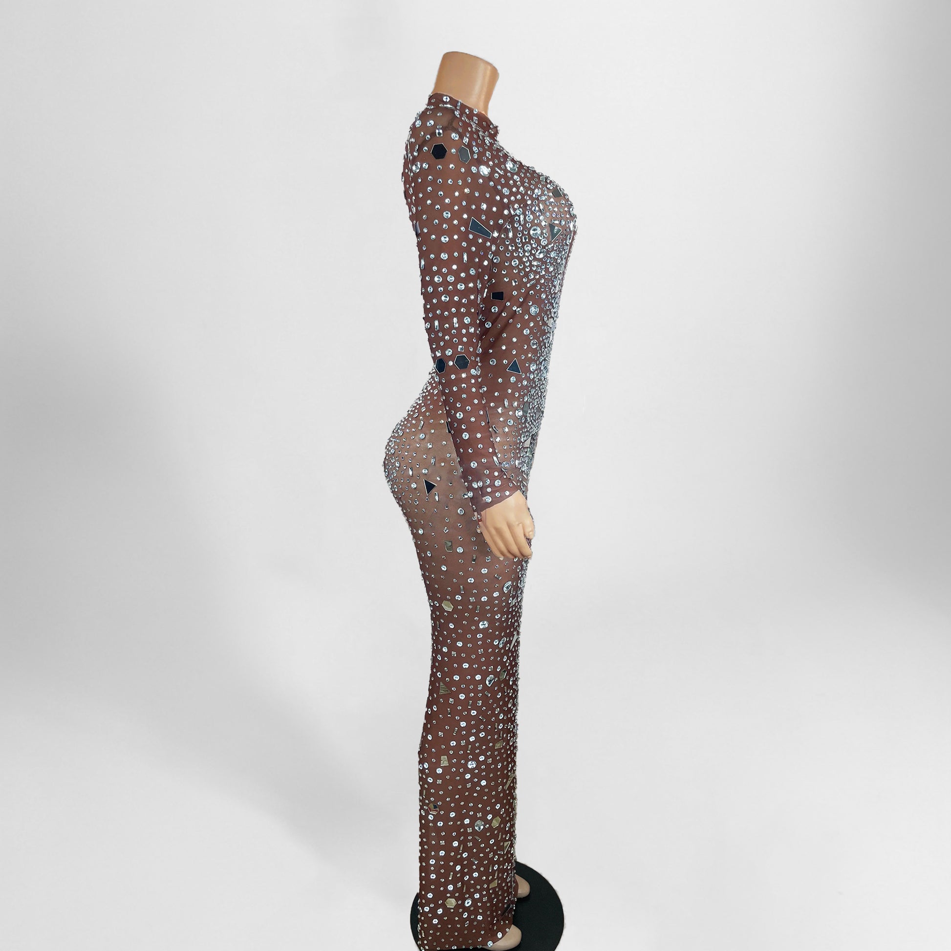 Sheer Mirror Embellished Studded Rhinestone Back Slit Dress BOUGIE GLITTER Sheer Mirror Embellished Studded Rhinestone Back Slit Dress BOUGIE GLITTER
