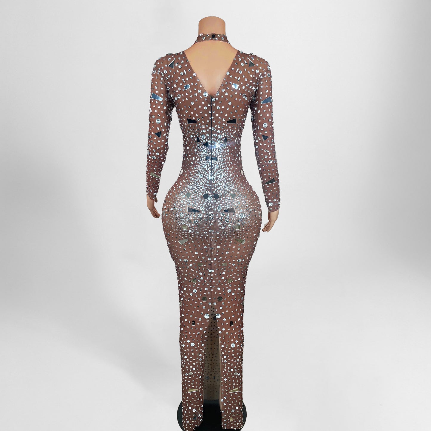 Sheer Mesh Mirror and Embellished Rhinestones Dress