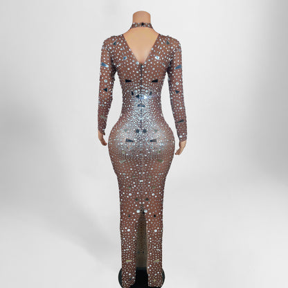 Sheer Mesh Mirror and Embellished Rhinestones Dress