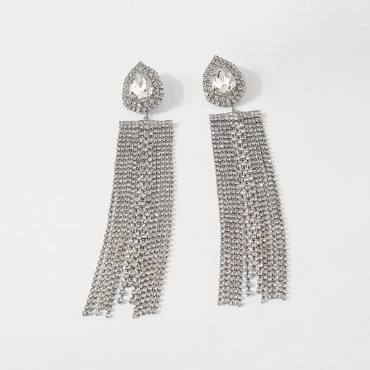 Glam Exaggerated Water Drop Tassel Rhinestone Earrings