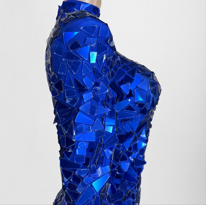 Royal Blue Long Sleeve Thigh High Slit Bodycon Mirror Dress