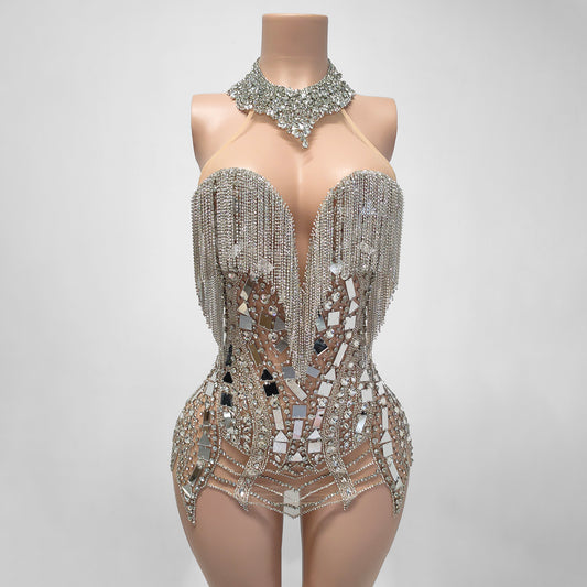 Braxton Sheer Beaded Rhinestone Tassel Embellished Mini Dress