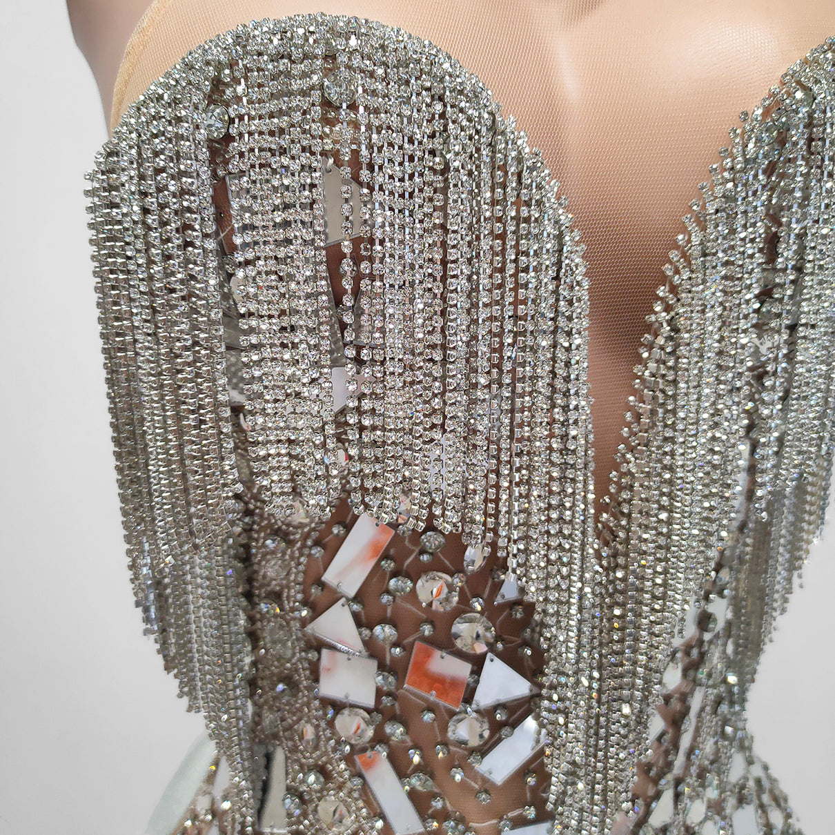 Braxton Sheer Beaded Rhinestone Tassel Embellished Mini Dress