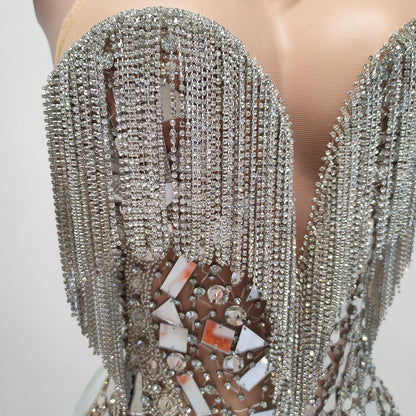 Braxton Sheer Beaded Rhinestone Tassel Embellished Mini Dress