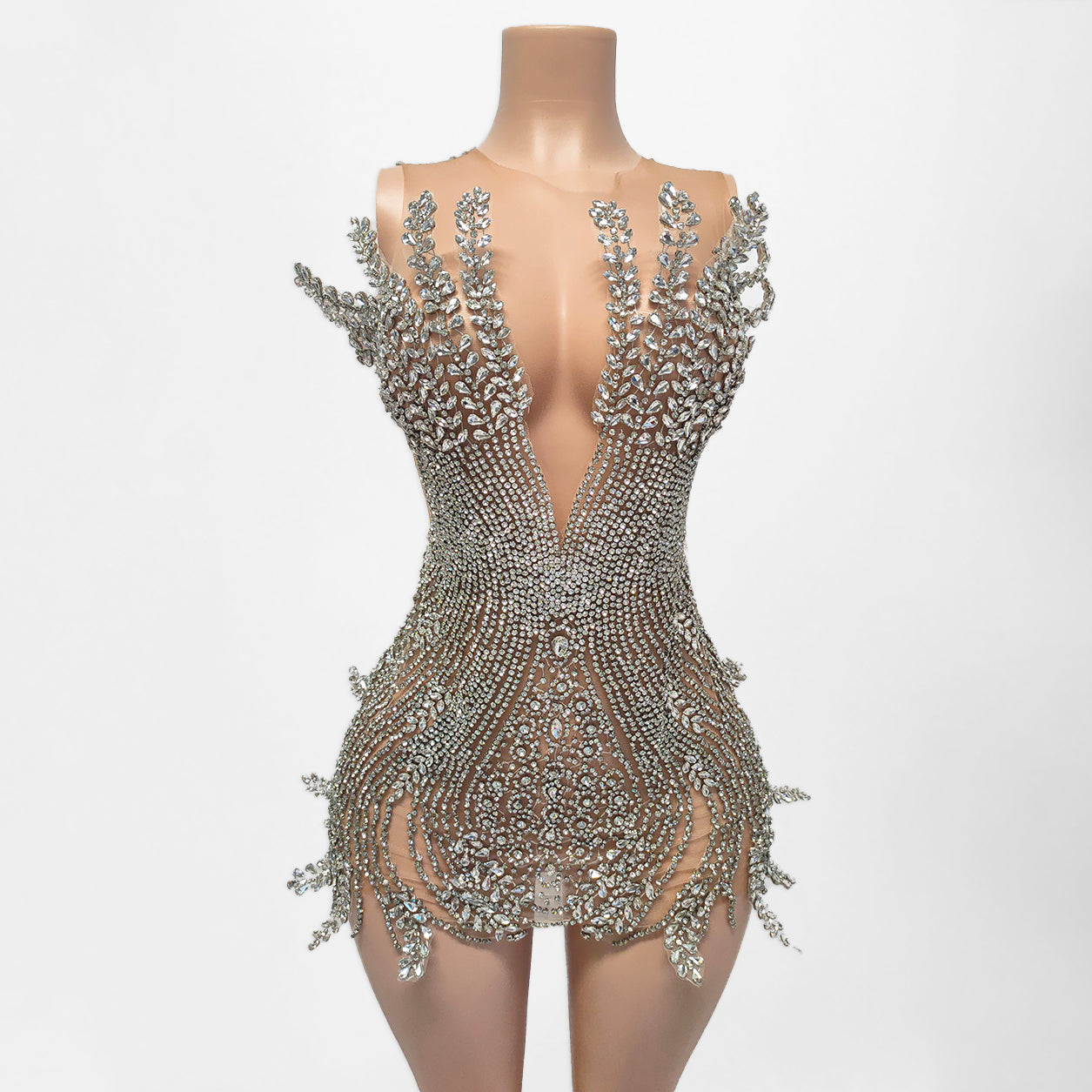 Tia Sheer Beaded Rhinestone Motif Embellished Mini Dress