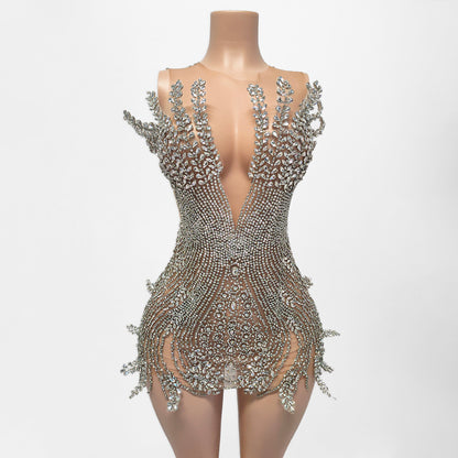 Tia Sheer Beaded Rhinestone Motif Embellished Mini Dress