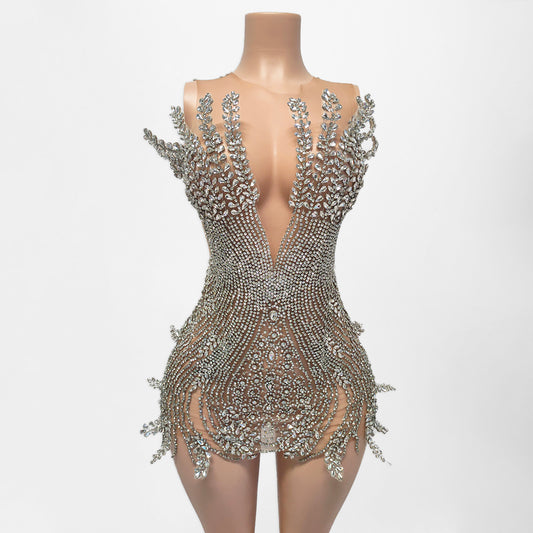 Tia Sheer Beaded Rhinestone Motif Embellished Mini Dress