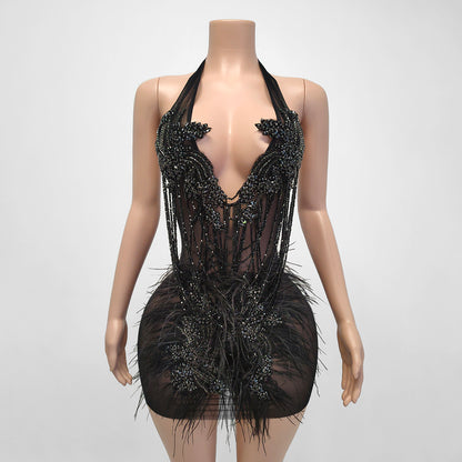 Leilani Sheer Feather Rhinestone Beaded Draped Tassel Mini Dress