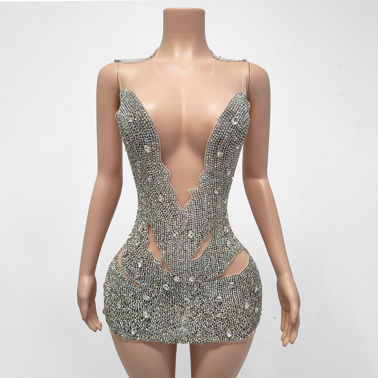 Lana Sheer Beaded Rhinestone Embellished Mini Dress