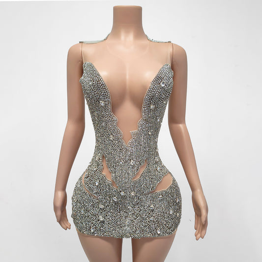 Lana Sheer Beaded Rhinestone Embellished Mini Dress