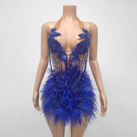 Leilani Sheer Feather Rhinestone Beaded Draped Tassel Mini Dress