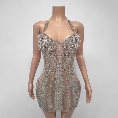 Crystal Sheer Beaded Rhinestone Drop Tassel Embellished Mini Dress BOUGIE GLITTER Crystal Sheer Beaded Rhinestone Drop Tassel Embellished Mini Dress BOUGIE GLITTER