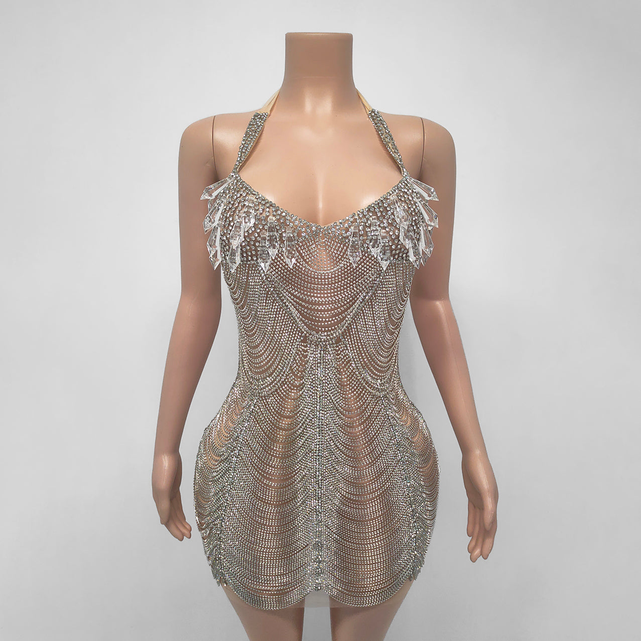 Crystal Sheer Beaded Rhinestone Drop Tassel Embellished Mini Dress