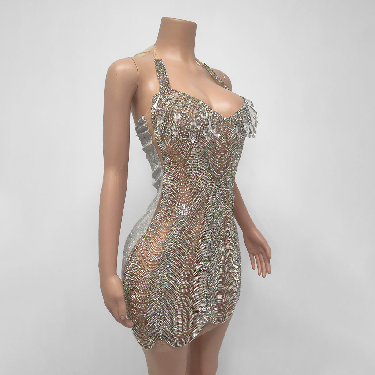 Crystal Sheer Beaded Rhinestone Drop Tassel Embellished Mini Dress