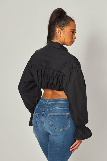 Caley Denim Contrast Puff Sleeve Button-Up Crop Top