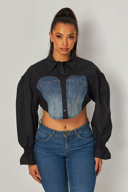 Caley Denim Contrast Puff Sleeve Button-Up Crop Top