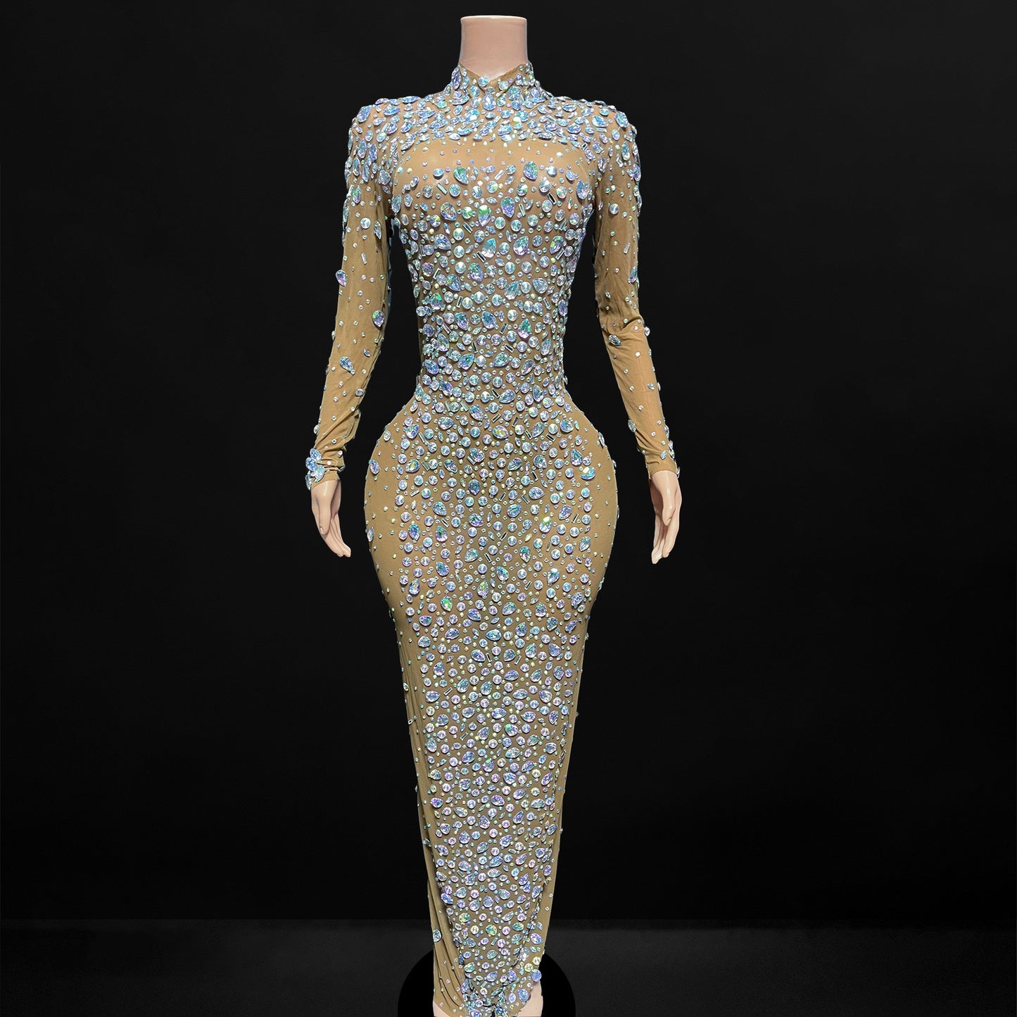 Multicolor Long Sleeve Rhinestone Dress