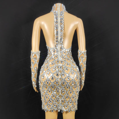 Chandelier Rhinestone and Sequin Mini Dress and Gloves