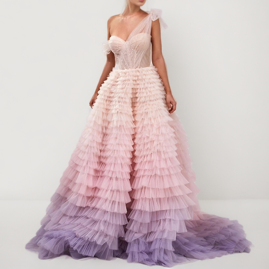 Ombre One Shoulder Layered Tulle Dress