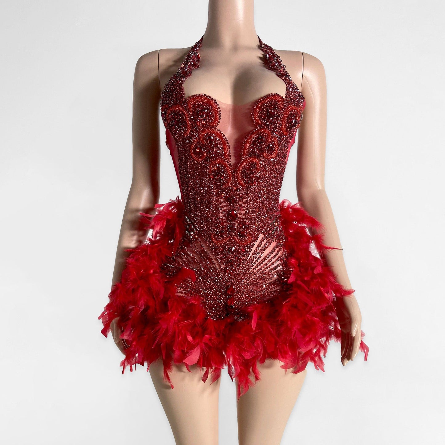 Amelia Red Beaded Scalloped Feather Mini Dress