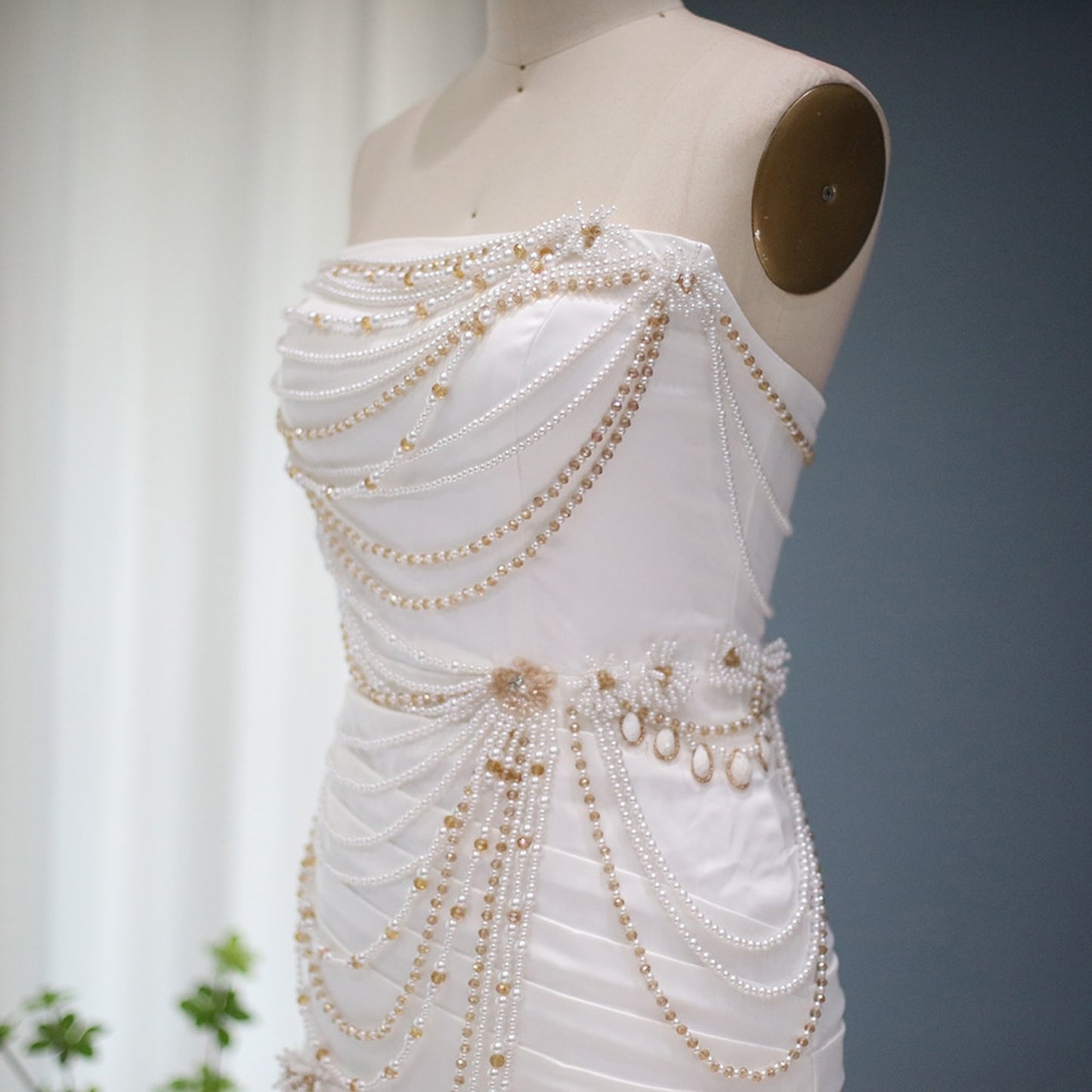 White and Gold Pearl Draped Strapless Mini Dress