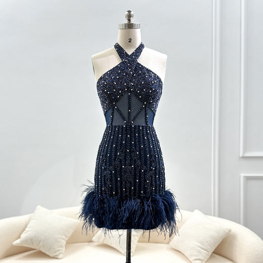 Feather and Rhinestone Beaded Bodice Mini Dress