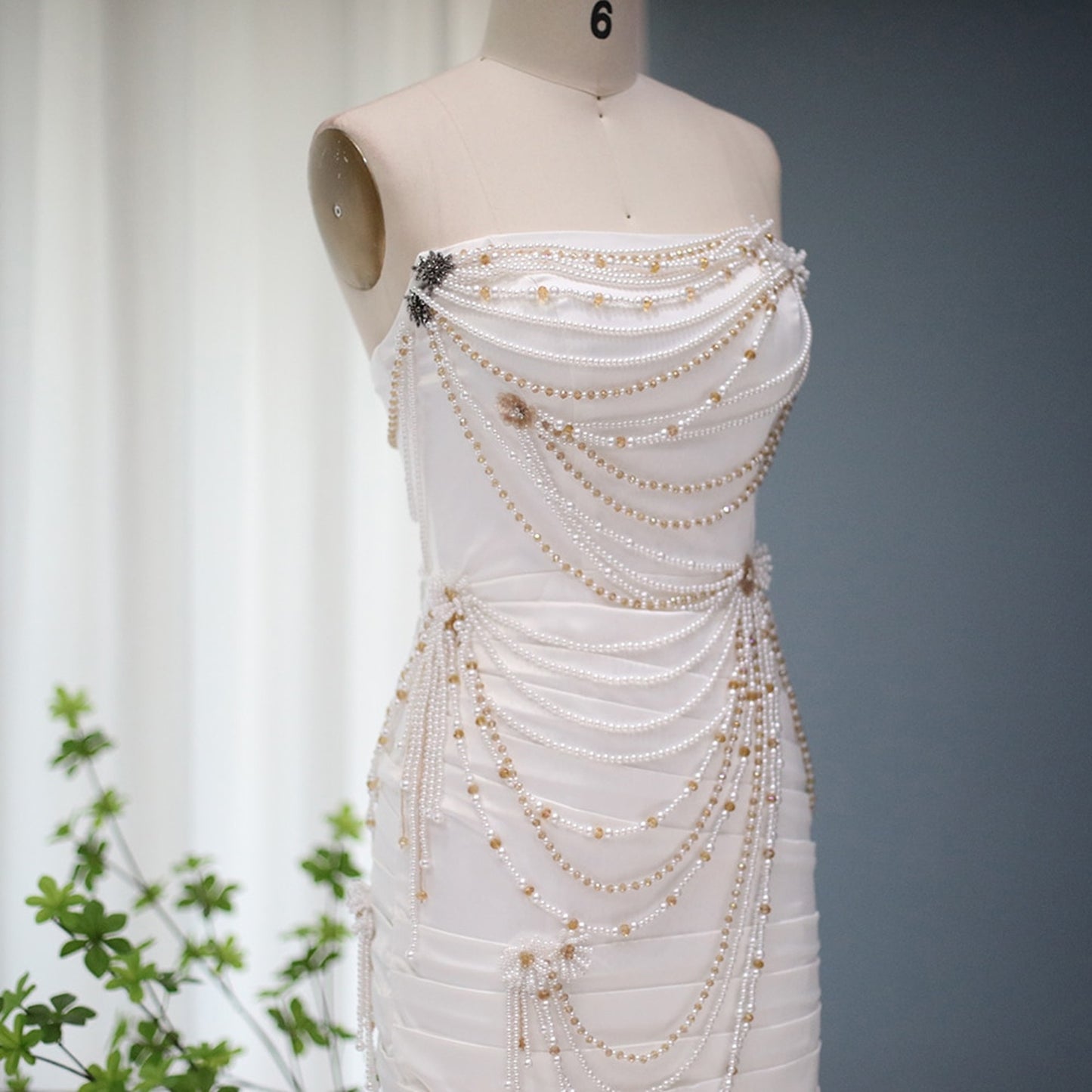 White and Gold Pearl Draped Strapless Mini Dress