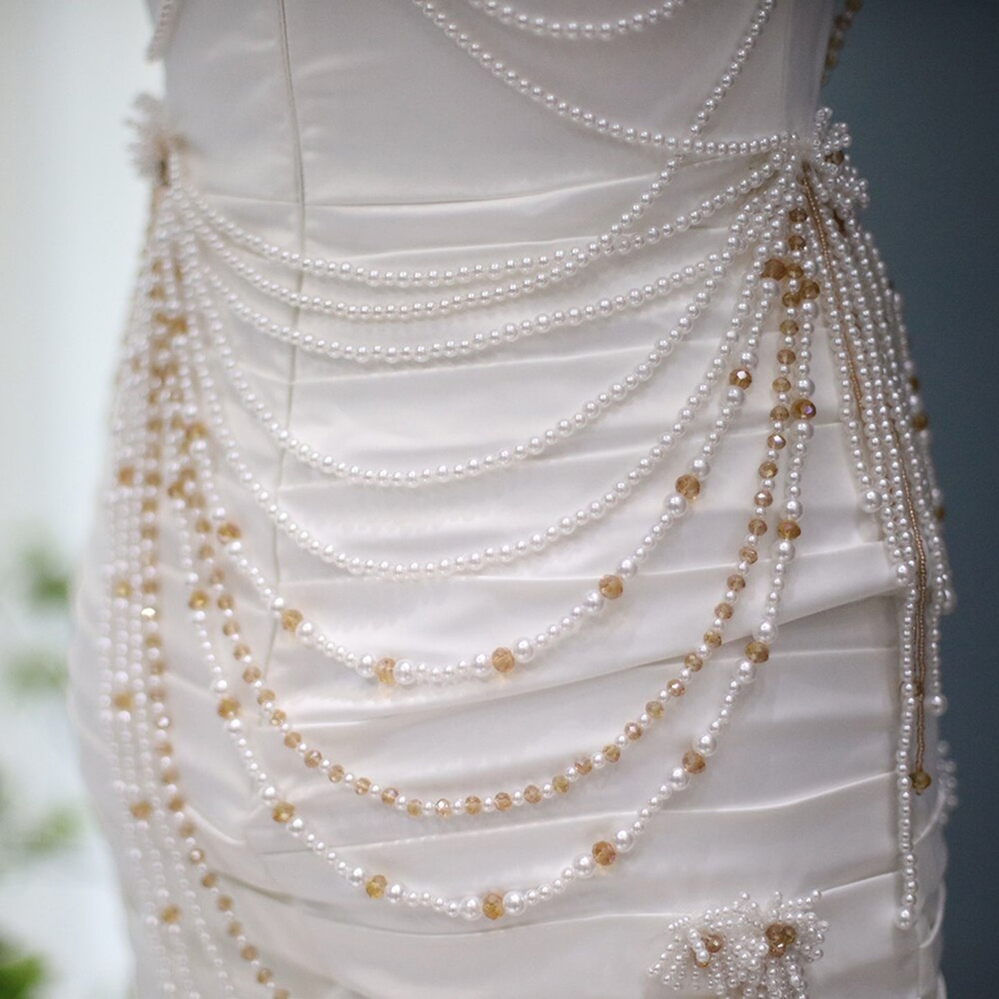 White and Gold Pearl Draped Strapless Mini Dress