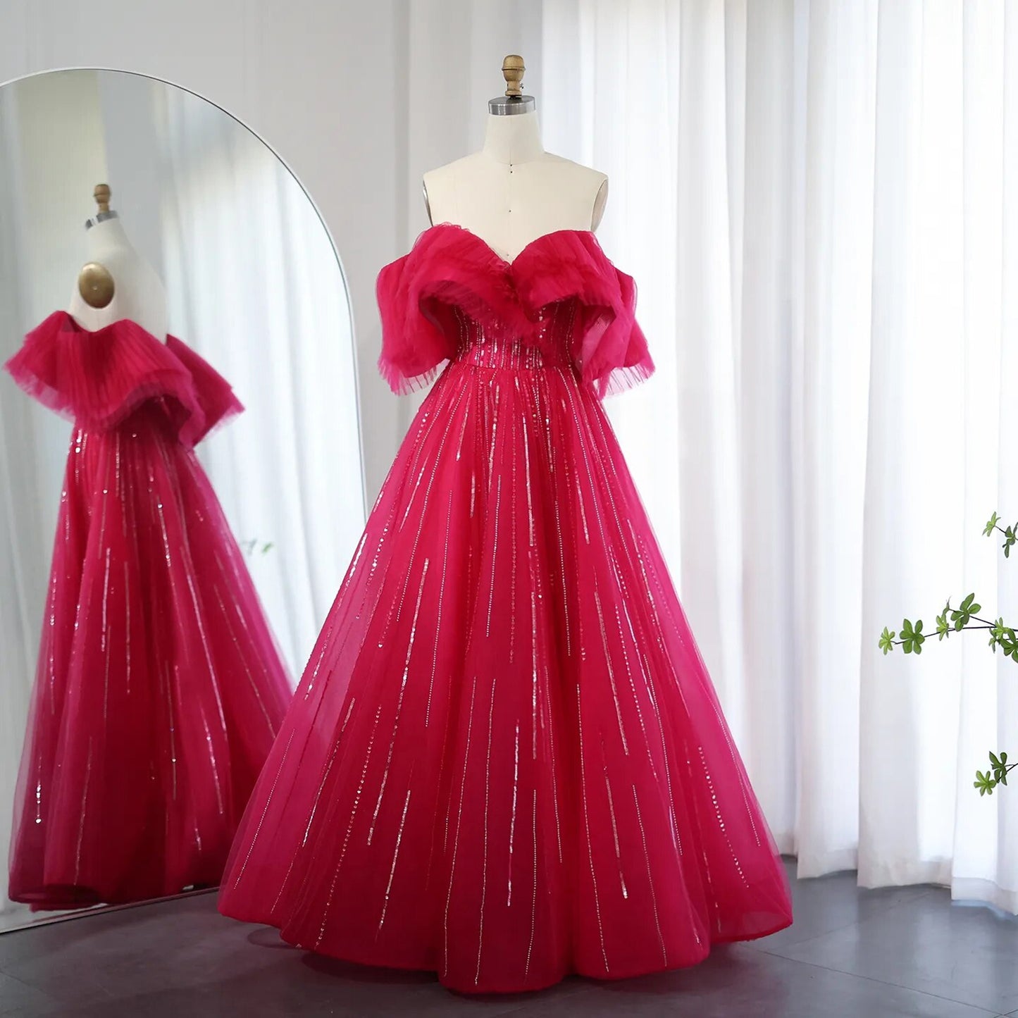 Strapless Sequin Embellished Fuchsia Gown