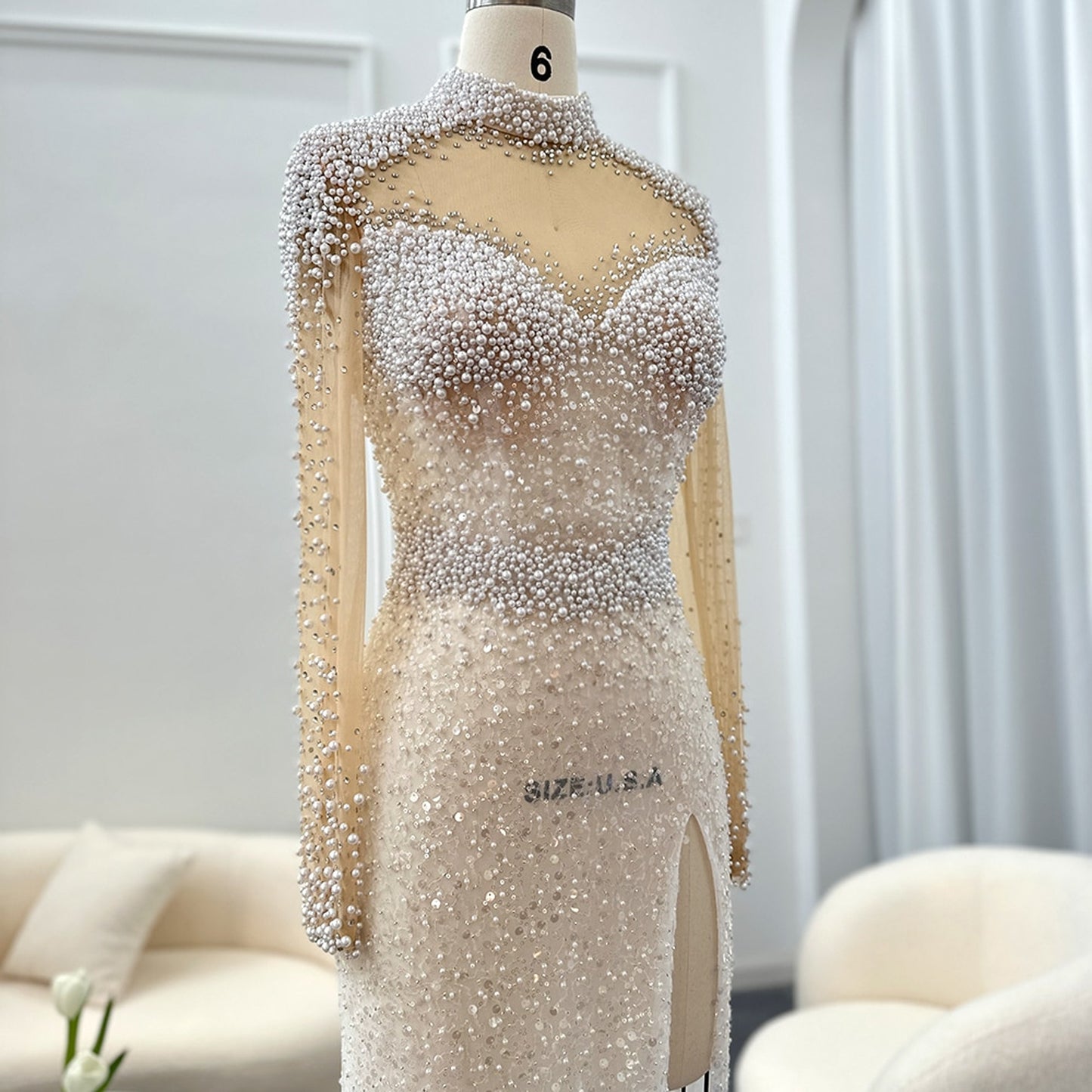 Sheer Pearl and Sequin Embellished Dress