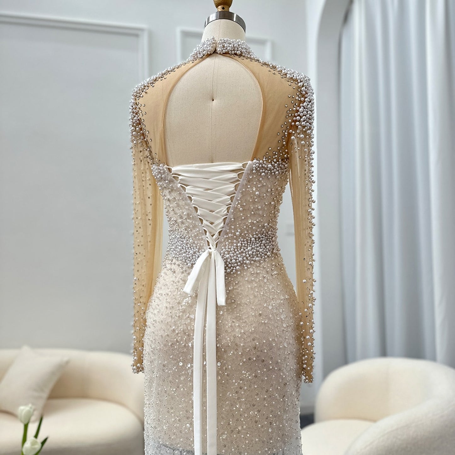 Sheer Pearl and Sequin Embellished Dress