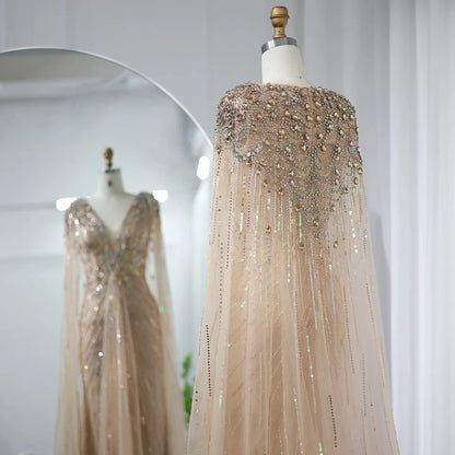 Regal Embellished Rhinestone and Sequin Cape Sleeve Dress